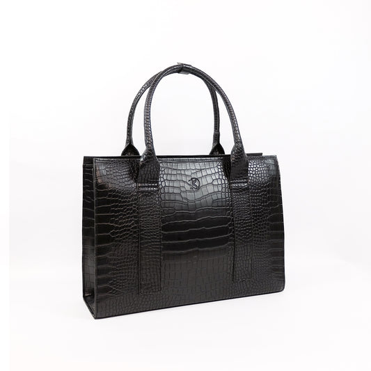 AMIRA Laptop Tote Bag in Croco Black - PU Leather