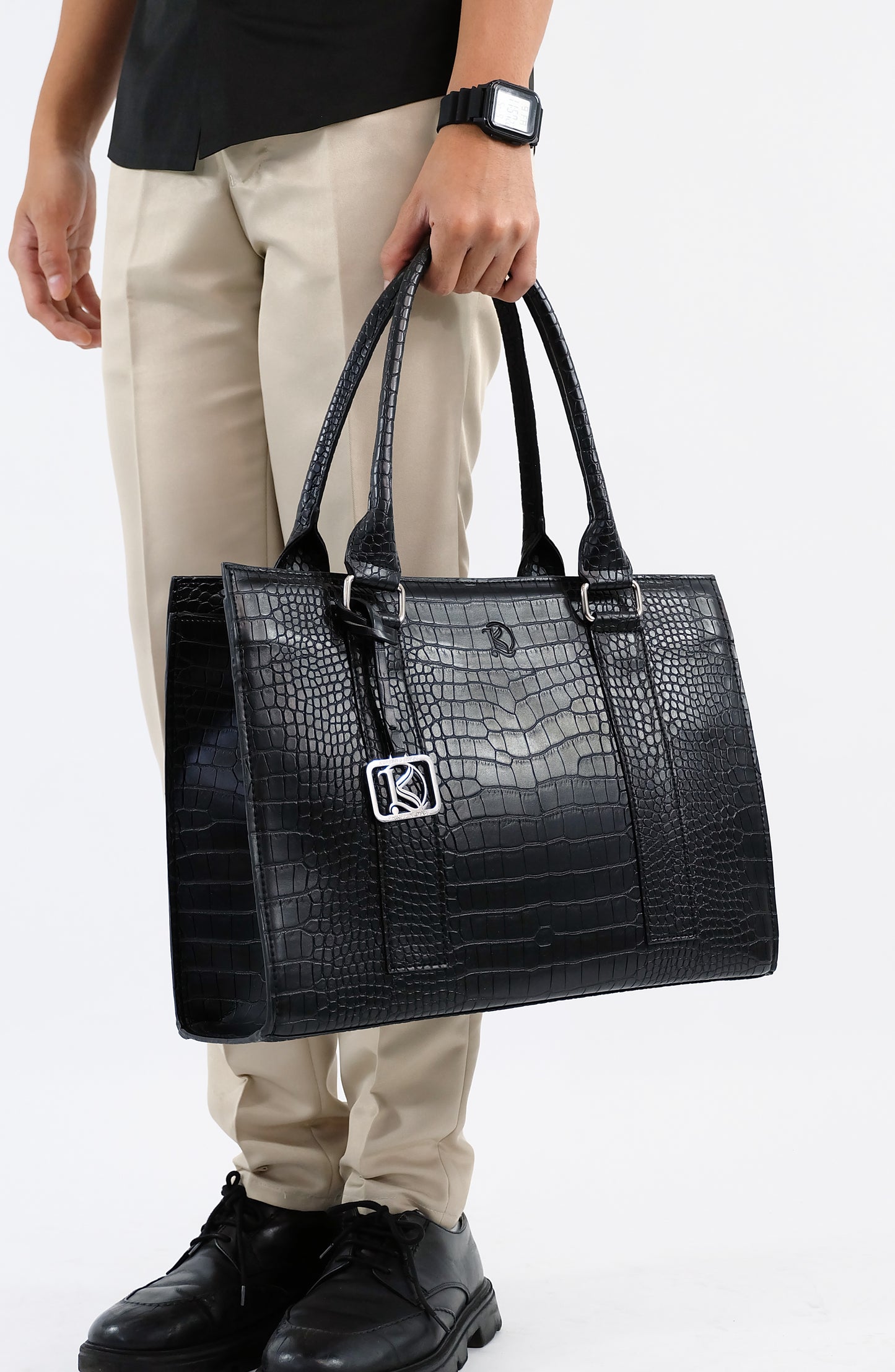 AMIRA 2.0 Laptop Tote Bag in Croco Black (Silver Hardware) - PU Leather