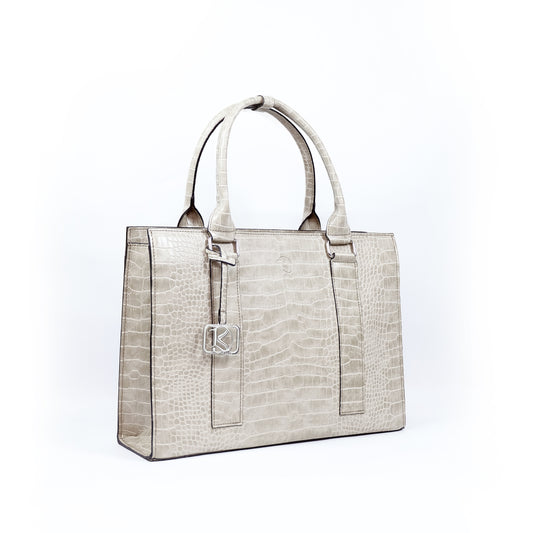 AMIRA 2.0 Laptop Tote Bag in Croco Bone (Silver Hardware) - PU Leather