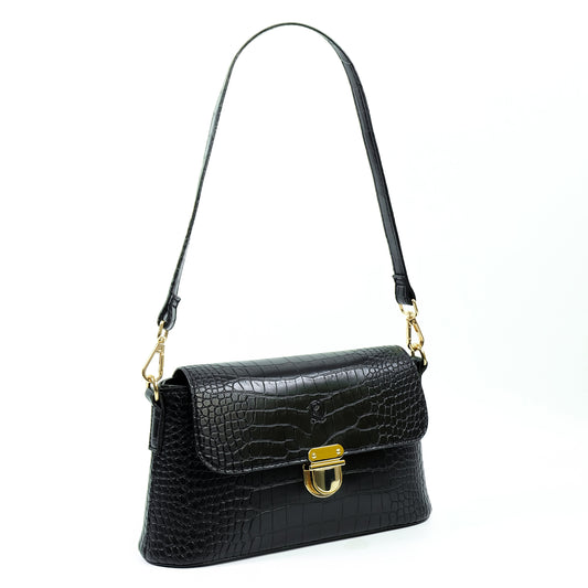 (CLEARANCE) VIA Bag in Croco Black - PU Leather