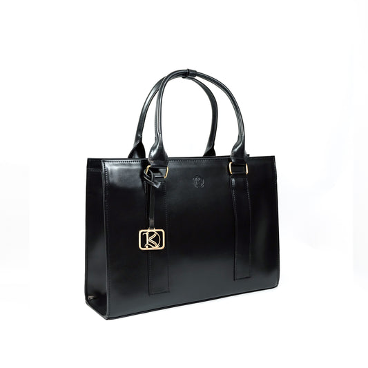 AMIRA 2.0 Laptop Tote Bag in Jet Black (Gold Hardware) - PU Leather