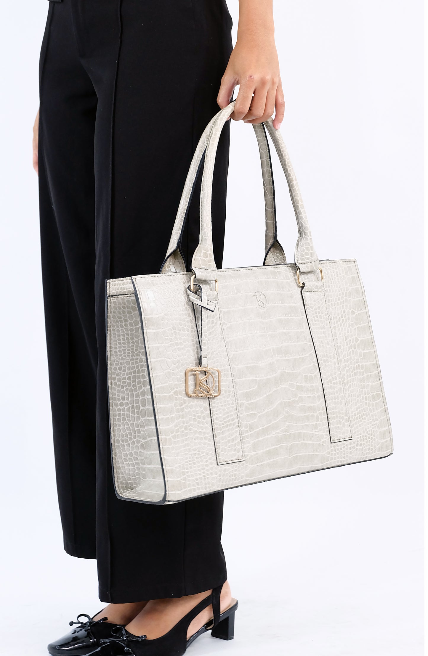 AMIRA 2.0 Laptop Tote Bag in Croco Bone (Silver Hardware) - PU Leather