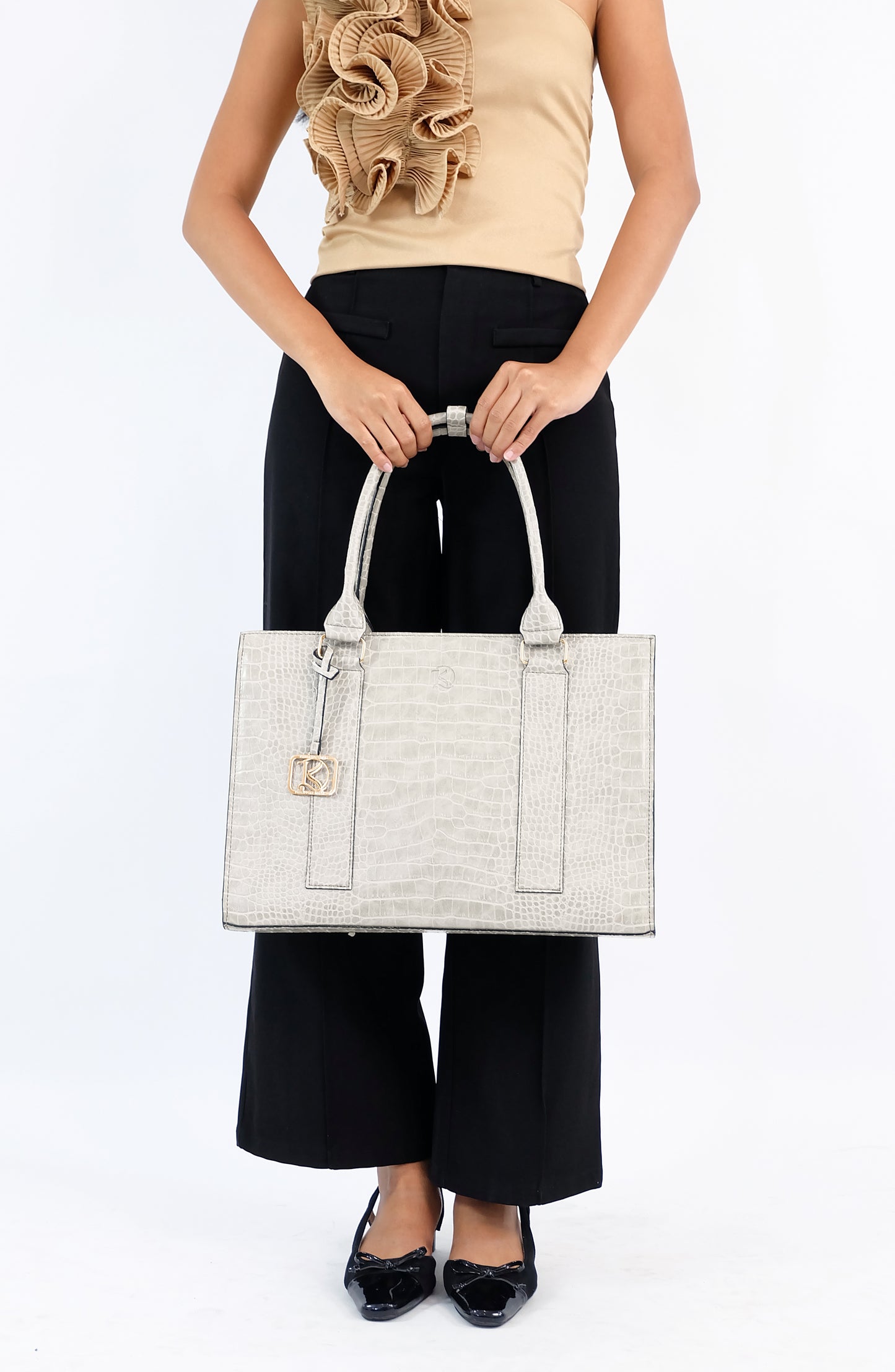 AMIRA 2.0 Laptop Tote Bag in Croco Bone (Silver Hardware) - PU Leather