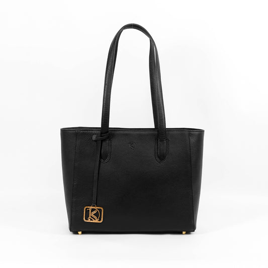TATIANA Medium Tote Bag in Grained Black - Genuine Leather