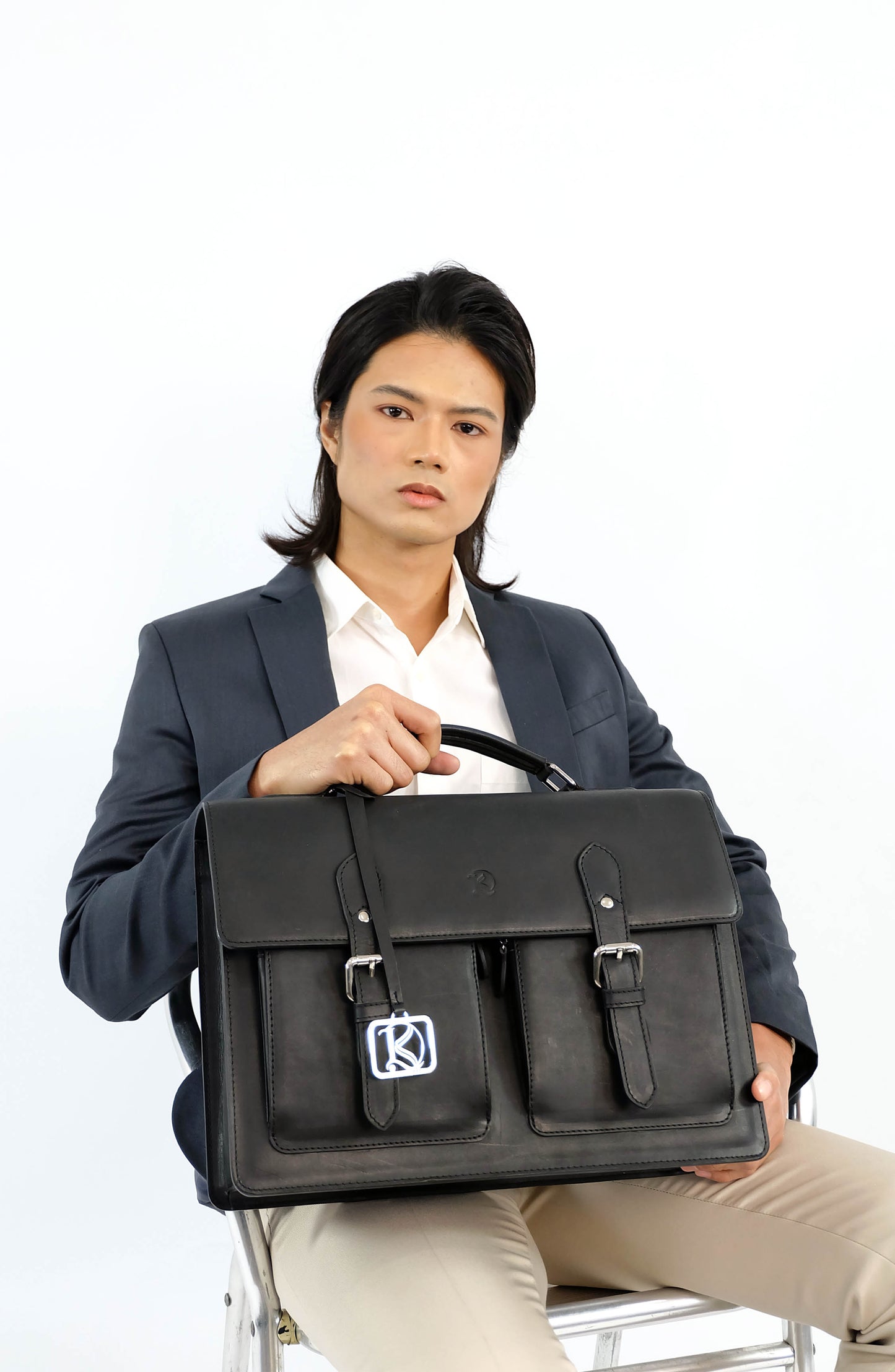 SULTAN Laptop Bag in Black Silver - Genuine Leather