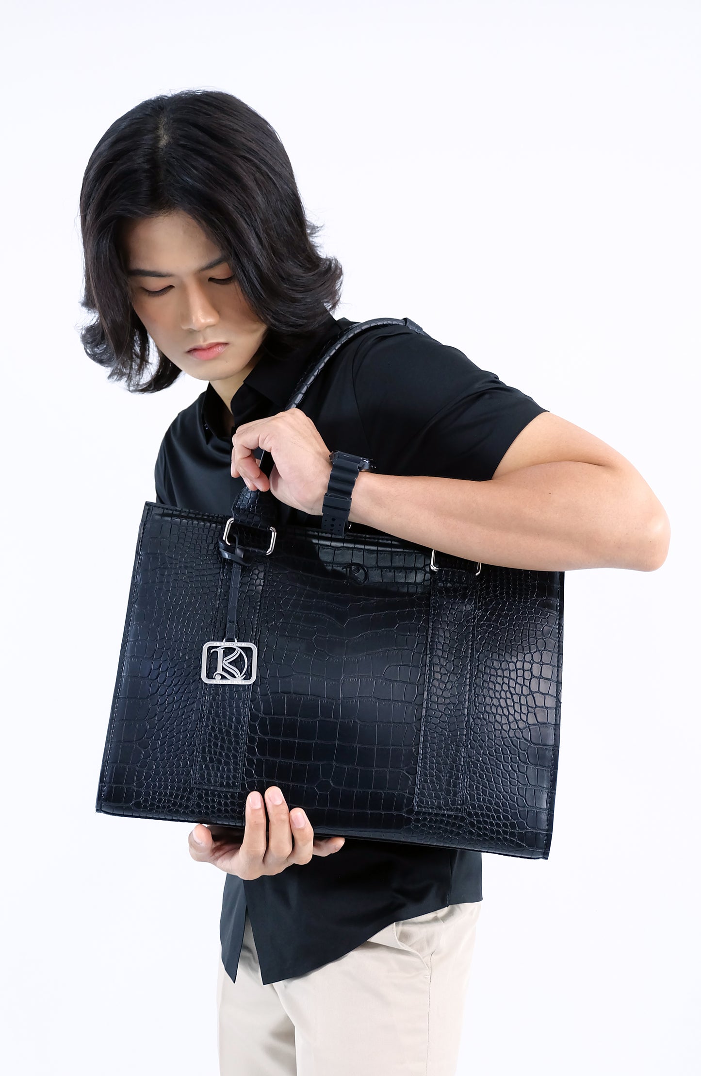 AMIRA 2.0 Laptop Tote Bag in Croco Black (Silver Hardware) - PU Leather