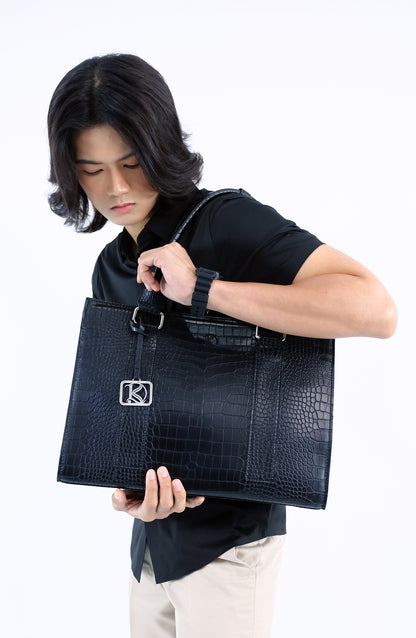 AMIRA 2.0 Laptop Tote Bag in Croco Black (Silver Hardware) - PU Leather