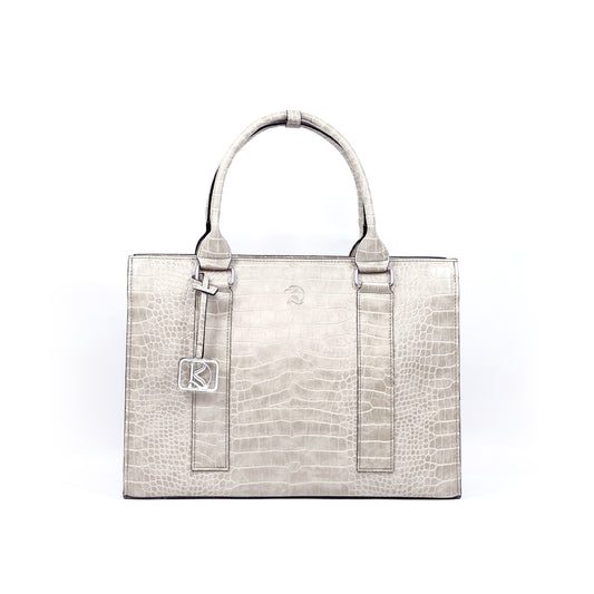 AMIRA 2.0 Laptop Tote Bag in Croco Bone (Silver Hardware) - PU Leather