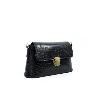 (CLEARANCE) VIA Bag in Croco Black - PU Leather