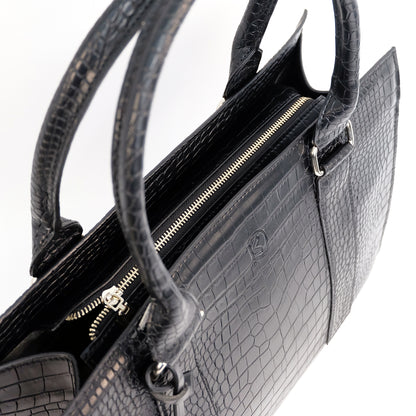 AMIRA 2.0 Laptop Tote Bag in Croco Black (Silver Hardware) - PU Leather