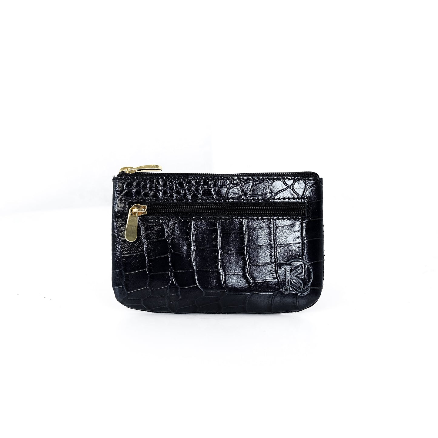 Alonso Double-Zipper Coin Pouch in Croco Black Glossy