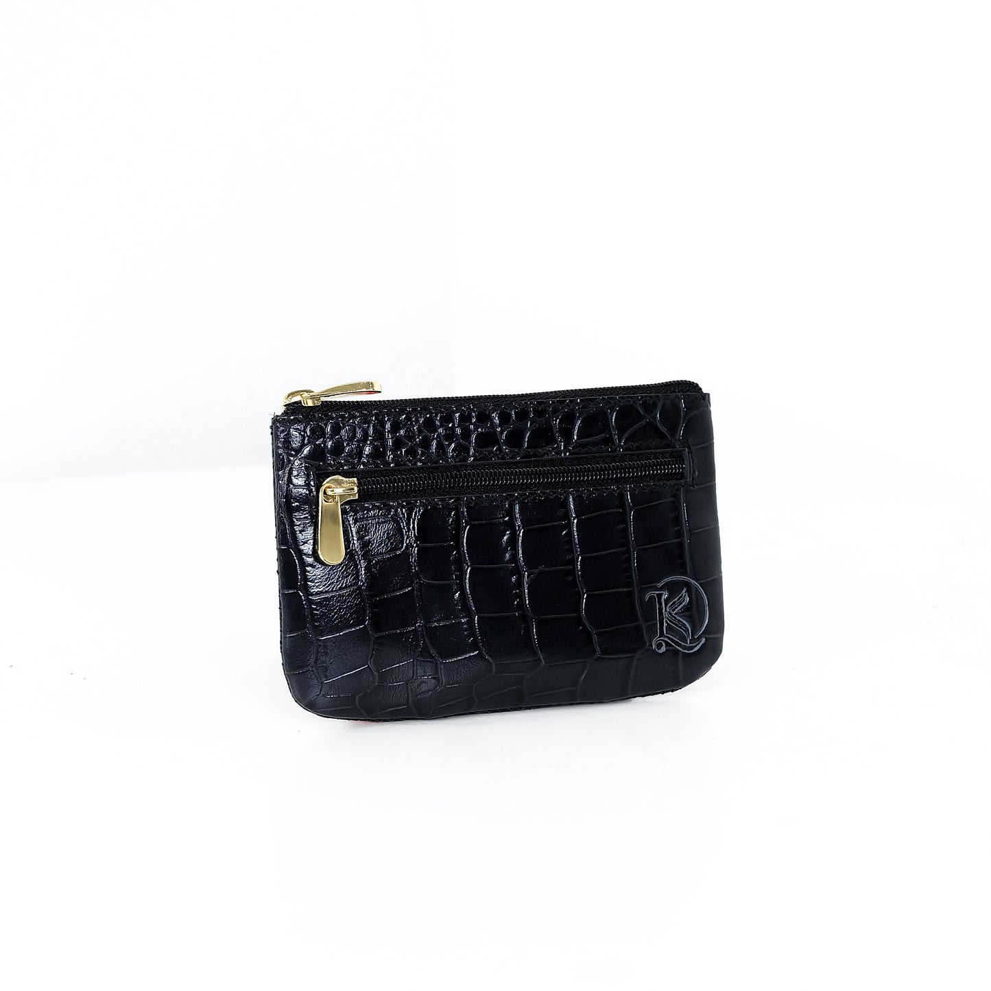 Alonso Double-Zipper Coin Pouch in Croco Black Glossy