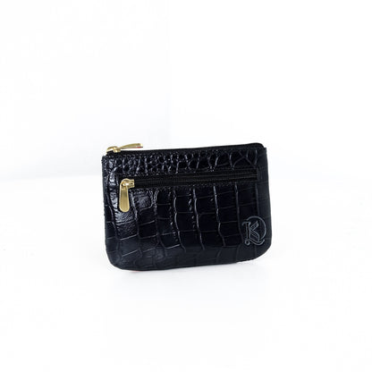 Alonso Double-Zipper Coin Pouch in Croco Black Glossy