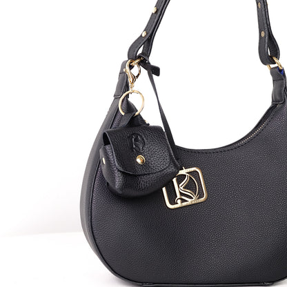 Sabel Coin Purse with Hook in Grained Black - Soft Genuine Leather