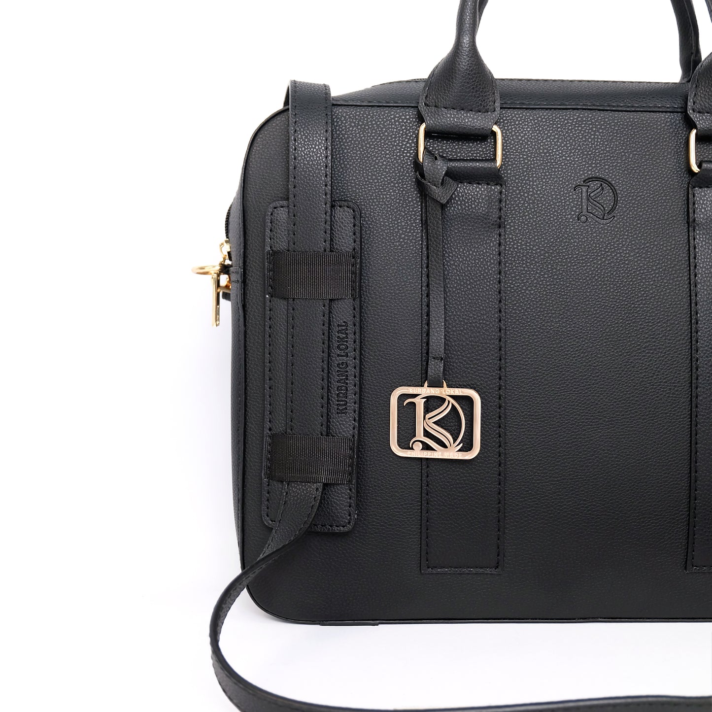 RAJAH Laptop Bag in Grained Black (Gold Hardware) - PU Leather