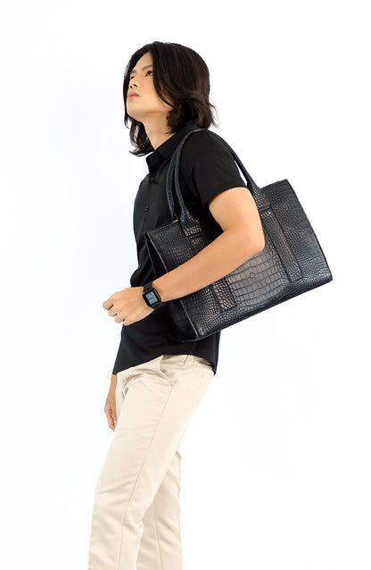 AMIRA Laptop Tote Bag in Croco Black - PU Leather