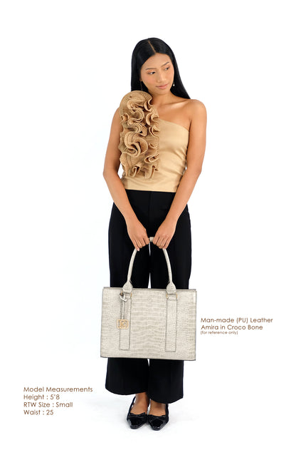 AMIRA 2.0 Laptop Tote Bag in Croco Bone (Silver Hardware) - PU Leather