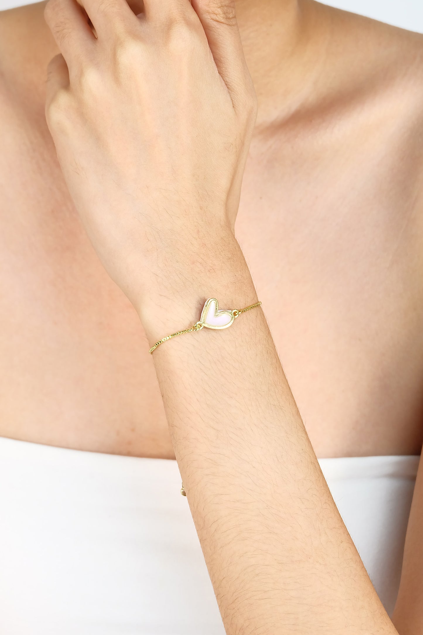 Blush Pink Heart Adjustable Bracelet in Gold - Polymer Clay/Resin