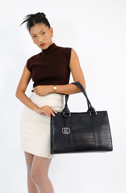 AMIRA 2.0 Laptop Tote Bag in Croco Black (Silver Hardware) - PU Leather