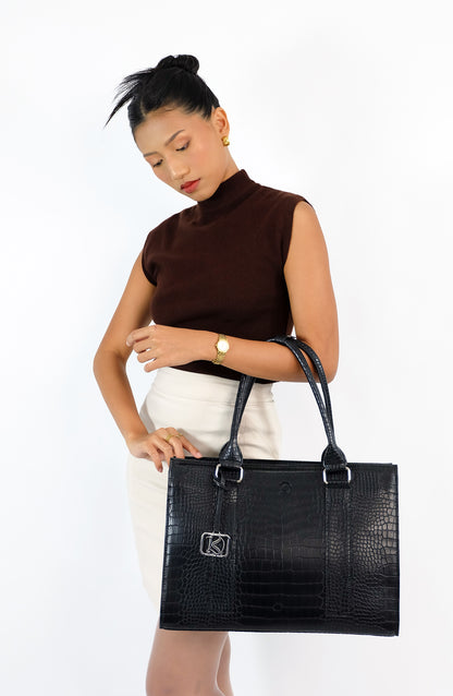 AMIRA 2.0 Laptop Tote Bag in Croco Black (Silver Hardware) - PU Leather
