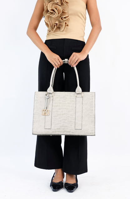 AMIRA 2.0 Laptop Tote Bag in Croco Bone (Silver Hardware) - PU Leather