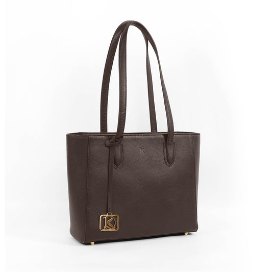 TATIANA Medium Tote Bag in Grained Dark Brown -  Genuine Leather